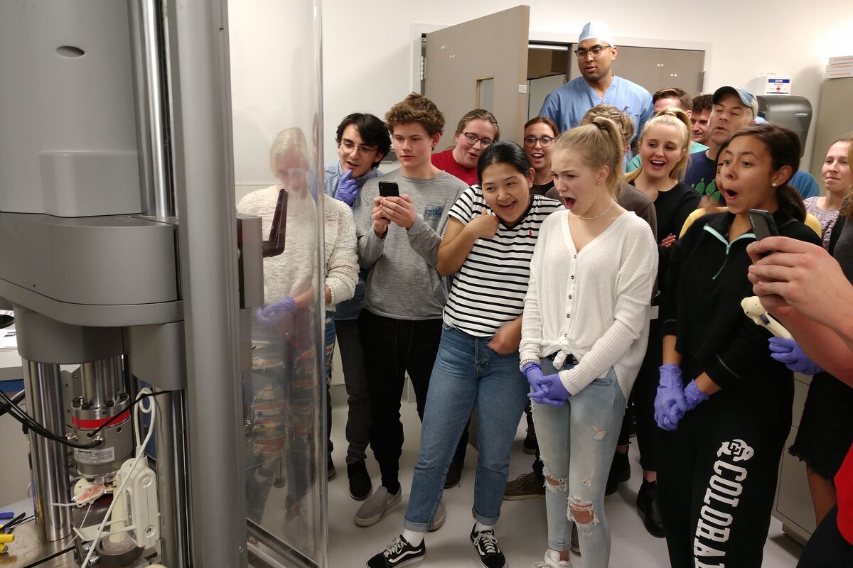 A group of students reacts while watching a mechanical test on a laboratory testing machine