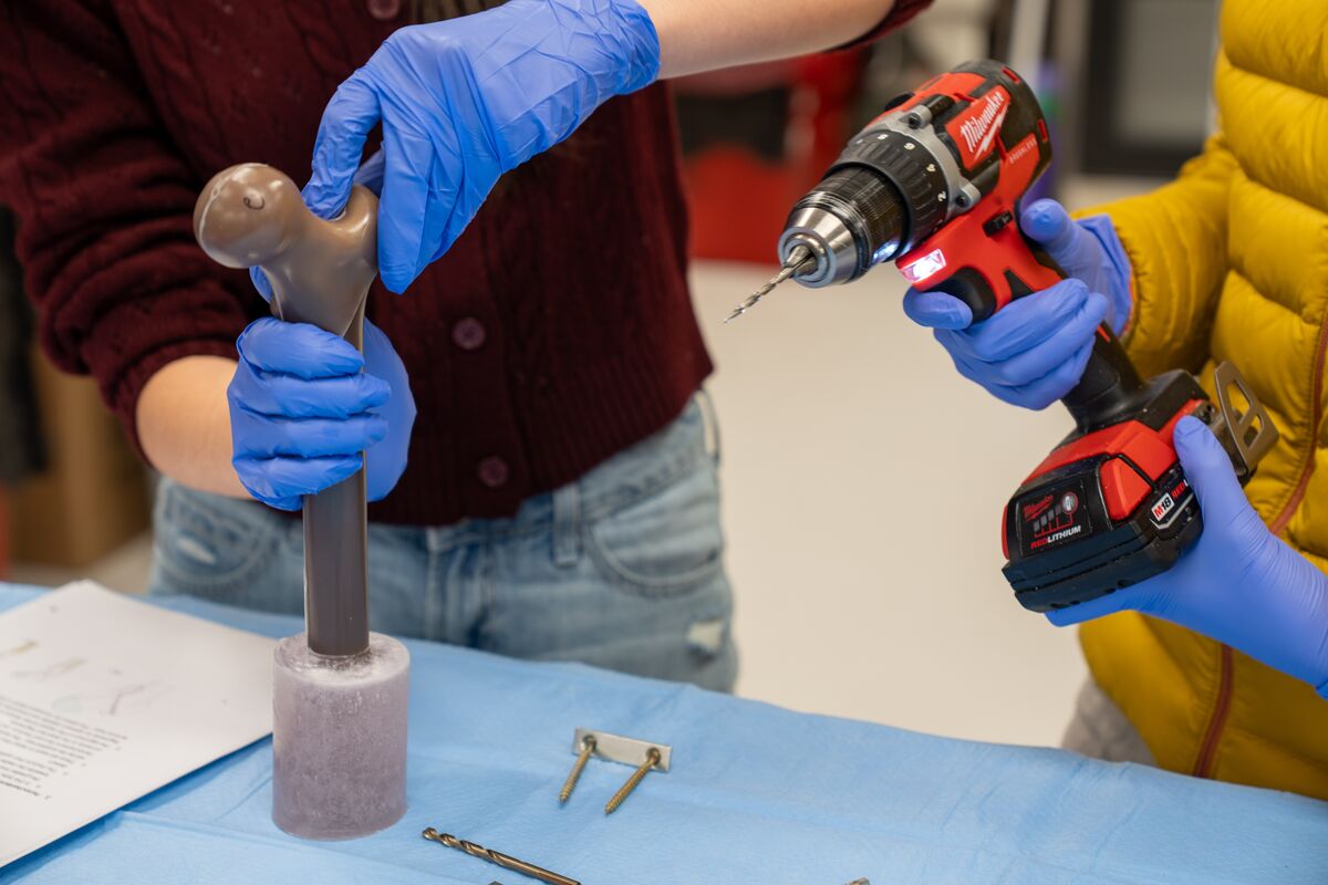 Gloved hands hold a sawbones femur model and a power drill during a Science Club session